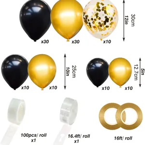 Ripartizione dettagliata dei componenti per il kit arco di palloncini nero e oro con accessori
