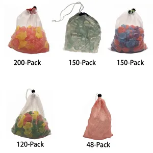Reusable plastic ice cubes in mesh bags shown in various pack sizes from 48 to 200 pieces