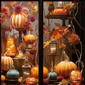 Detailed close-up of decorative LED pumpkin lamps and lanterns in an autumn window display