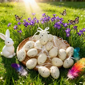 Decorative spotted Easter egg hanging ornaments displayed on a wooden tray in a spring meadow