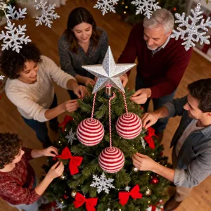 Family decorating a Christmas tree with 8cm red and white plush striped ornaments
