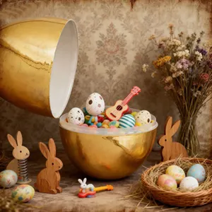 Vista dettagliata del guscio d'uovo di Pasqua dorato aperto con decorazioni festive.