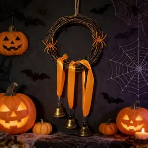 Detailansicht eines Halloween-Rattan-Kranzes mit orangefarbenen Bändern und Vintage-Glocken