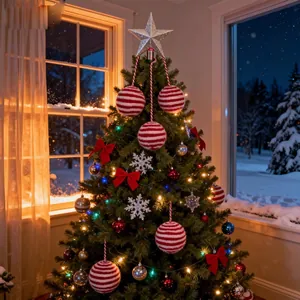 Close-up of 8cm red and white striped plush Christmas balls hanging on a festive tree
