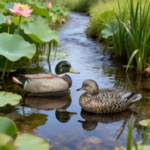 Highly realistic plastic mallard duck decoys floating in a serene garden pond setting