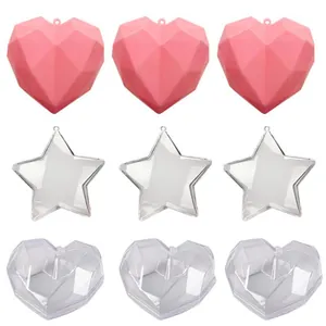 Set of 9 Christmas DIY ornaments featuring pink hearts and clear star/heart shapes