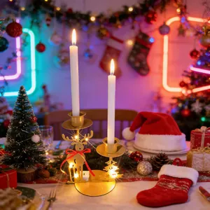 Christmas gold iron reindeer candle holder with warm LED lights on a festive dinner table