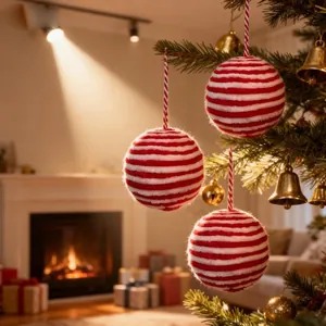 Detail of red and white striped fuzzy Christmas ball ornament hanging on a tree.