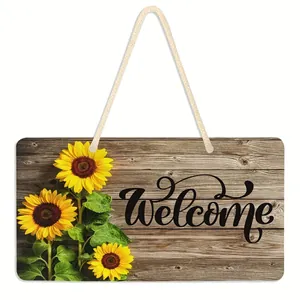 Rustic farmhouse style wooden welcome door sign featuring vibrant yellow sunflowers