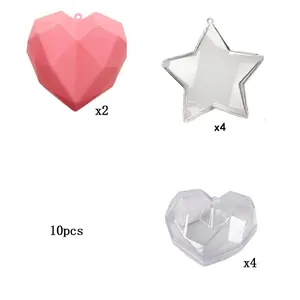 Set of 10 DIY Christmas hanging ornaments featuring faceted heart and star shapes