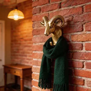 Vue détaillée d'un crochet mural doré en tête de bélier tenant une écharpe vert foncé.