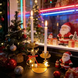 Detailed view of golden iron Christmas reindeer candlestick with warm LED lights in festive scene