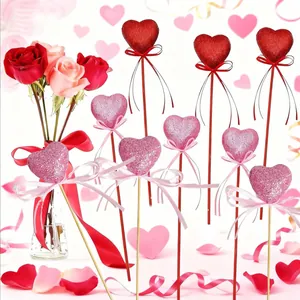 Heart Shaped Glitter Floral Picks With Bow Foam Heart Sticks For Valentine's Day Wedding Decoration Red Pink
