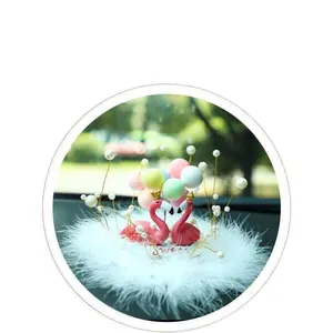 Cute pink couple flamingo car dashboard ornament with white feathers and balloons