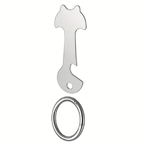 Close-up of a silver metal shopping trolley token with a spring ring connector