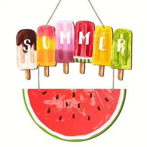Summer-themed wooden hanging sign featuring colorful popsicle designs and a watermelon