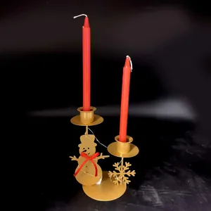 Detailed view of vintage golden iron Christmas candle holder with snowman and snowflake