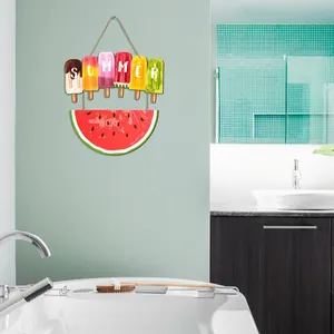 Rustic wooden summer hanging sign with popsicles and watermelon in bathroom decor
