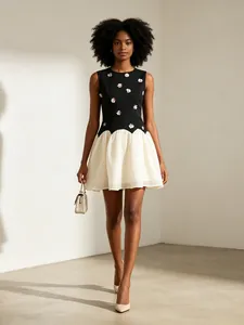 French Court Retro Style Sleeveless Mini Dress For Women Metal Flower Decoration Color Block Patchwork A-Line Summer Dress