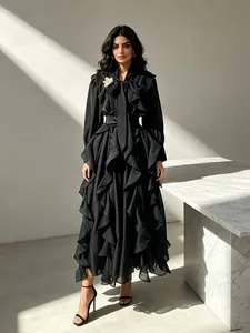 Vintage Palace Style Chiffon Maxi Dress For Women Ruffle Trim Bow Tie Neck Long Sleeve Dress With Metal Brooch Elegant Party Dress