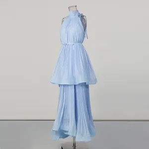 Light blue pleated halter neck maxi dress with waist tie for summer vacation style