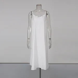 Robe à bretelles blanche minimaliste avec col en V présentée sur un mannequin transparent