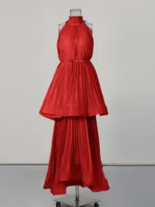 Elegant red sleeveless pleated maxi dress featuring a waist tie and chic stand collar
