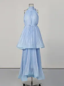 Light blue pleated sleeveless maxi dress with high neck and waist tie for summer