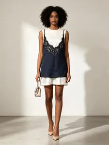 Vestido Corto Sin Mangas para Mujer Falso de Dos Piezas Azul Marino Contraste Patchwork Encaje Cuello en V Sin Mangas 2026 Verano