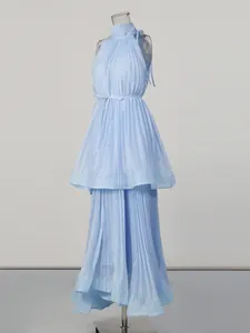 Ethereal light blue sleeveless stand collar pleated dress with elegant waist tie