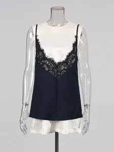 Elegante vestido sin mangas azul marino con encaje y cuello en V, efecto dos piezas