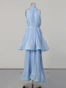Elegant light blue pleated sleeveless maxi dress with stand collar and drawstring waist.