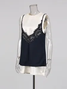 Elegante vestido azul marino sin mangas, diseño de falso dos piezas con encaje fino