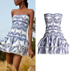 Dual view of a strapless Bohemian dress showing model fit and product embroidery detail