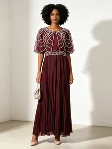 Vestido Maxi Plisado con Capa de Malla de Diamantes de Imitación Rojo Vino Vintage Elegante Vestido de Noche para Mujer