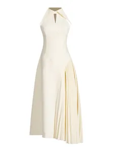 Elegant off-white sleeveless halter midi dress with asymmetrical pleated skirt design