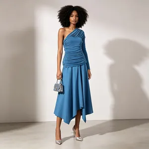 Elegant deep sea blue one-shoulder ruched dress featuring a unique asymmetrical hemline design