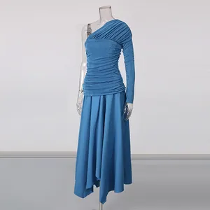 Elegant deep blue one-shoulder pleated maxi dress with an asymmetric irregular hemline detail