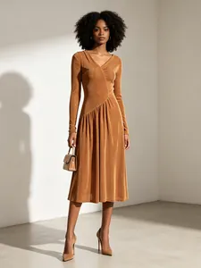 Vestito Midi Bodycon Arricciato Minimalista Francese per Donna Scollo Asimmetrico Manica Lunga Maglia Misto Cotone Poliestere Tinta Unita
