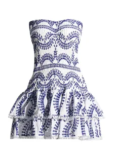 Women Sexy Strapless Bohemian Mini Dress Cotton Blend Smocked Slim Fit Ruffle Lace Trim Summer Holiday Beach Party Dress