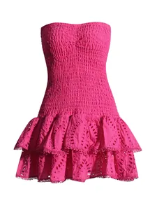 Bohemian strapless pink dress with smocked bodice and ruffled eyelet lace hem
