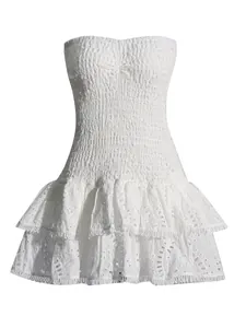 Bohemian white strapless smocked tube dress featuring tiered eyelet lace ruffle skirt detail