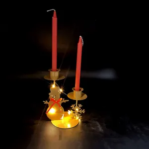 Detailed view of golden iron snowman candle holder with warm LED lights and red candles