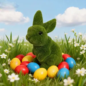 Detailed view of a green flocked Easter bunny figurine surrounded by colorful eggs in grass