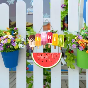 Wooden summer door sign with colorful popsicles spelling SUMMER and a watermelon slice.