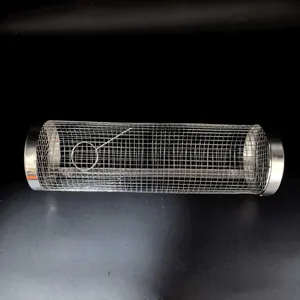 Cylindrical stainless steel rolling grill basket with fine mesh for outdoor BBQ use