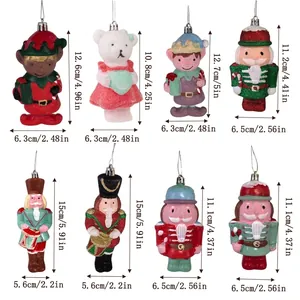 Detailed size guide for various glittery Nutcracker and elf Christmas tree ornaments.
