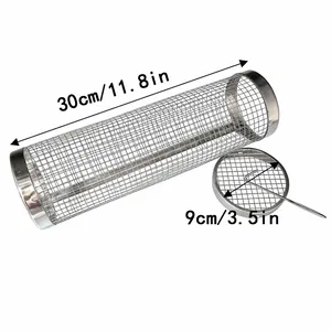 Detailed view of rolling grill basket with dimensions 30cm x 9cm for outdoor BBQ grilling