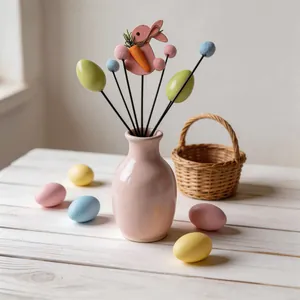 Detailed view of colorful Easter egg and bunny floral picks in a pink ceramic vase