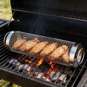 Rolling Grilling Basket Stainless Steel Mesh Cylinder BBQ Grill Basket Portable Outdoor Rotisserie Grill For Vegetables Meat Wings